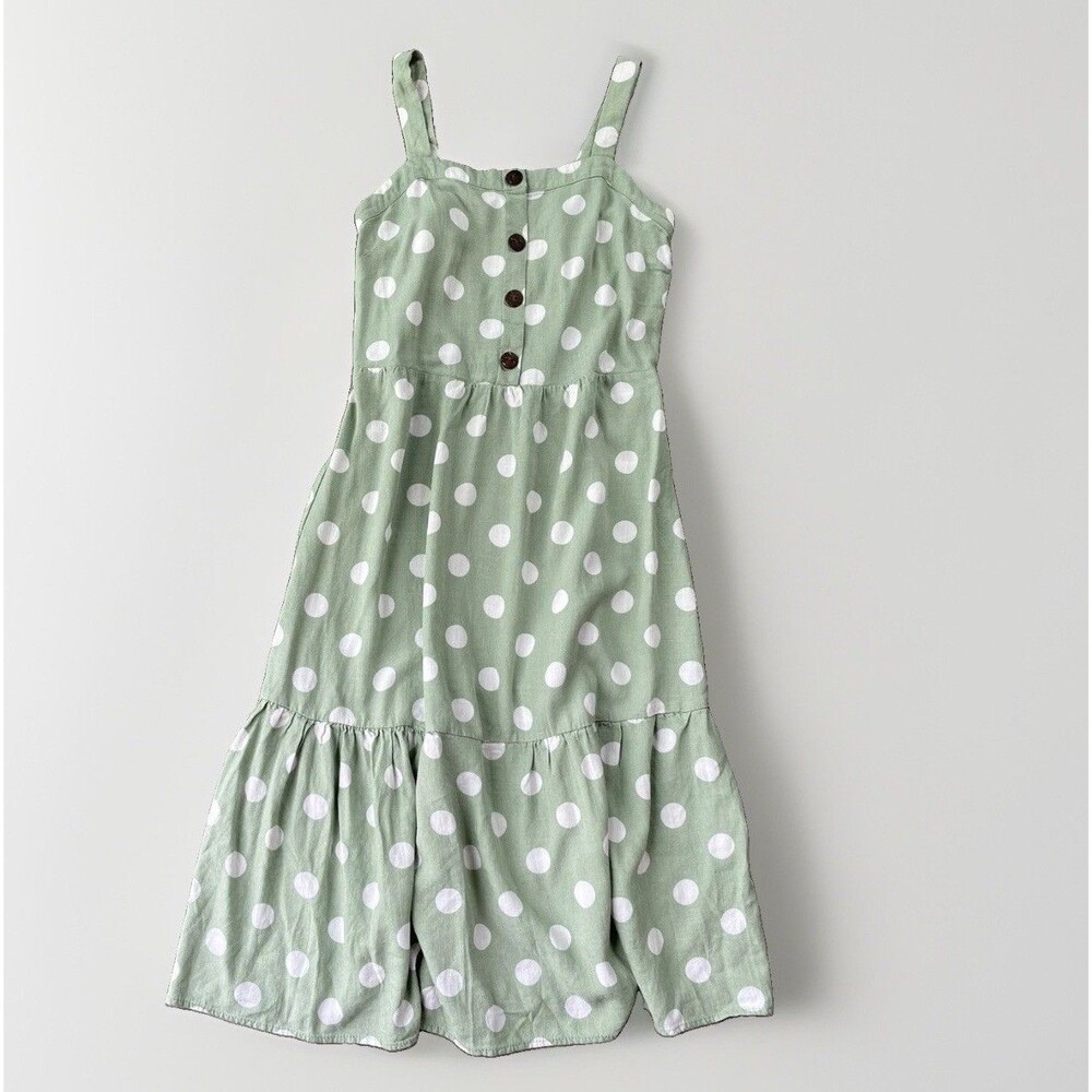 Green Polka Dot Linen Blend Dress Size S Button Front Detail